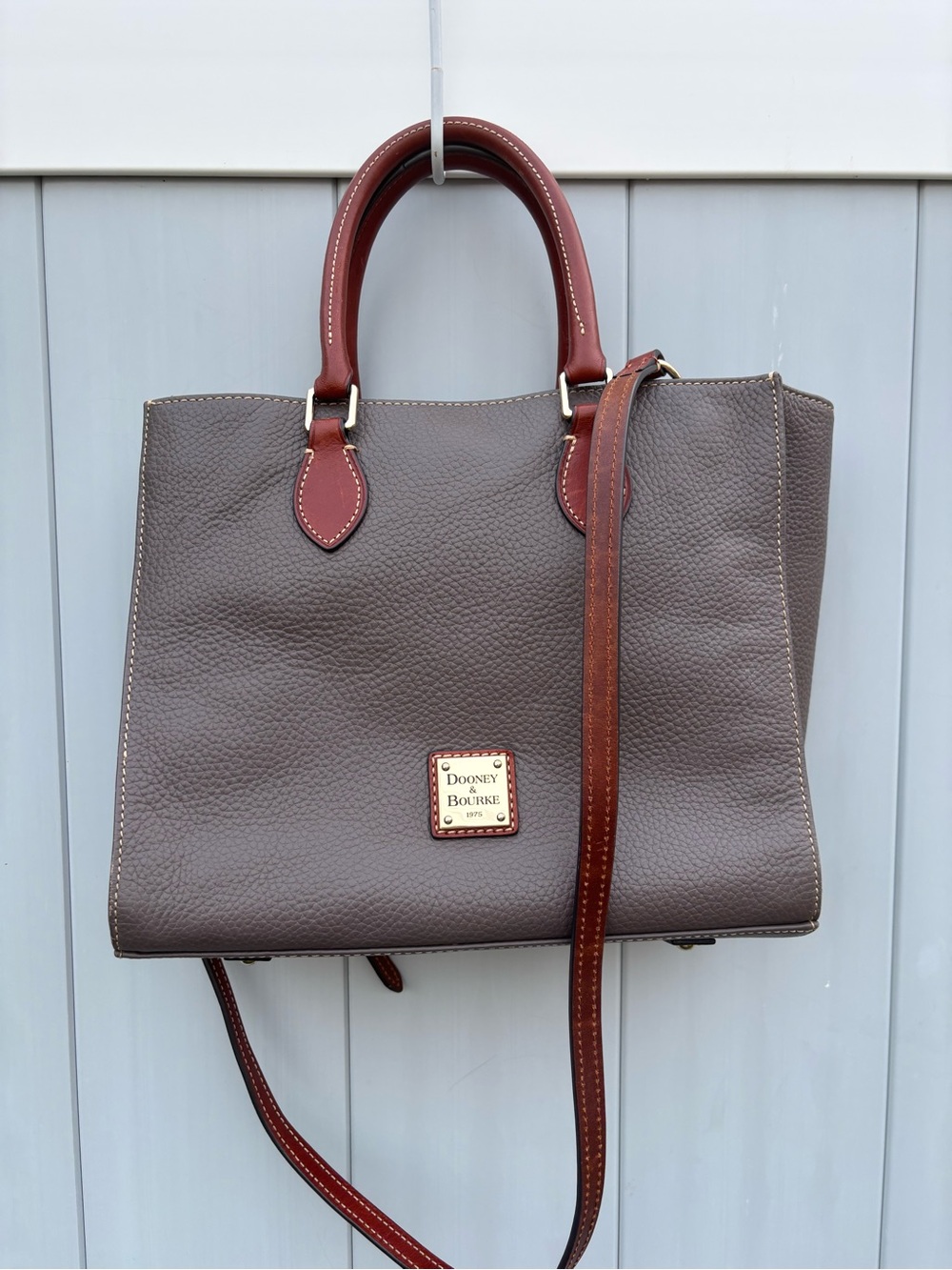 Authentic Dooney & Bourke Grey & British Tan Leather Handbag MINT!!